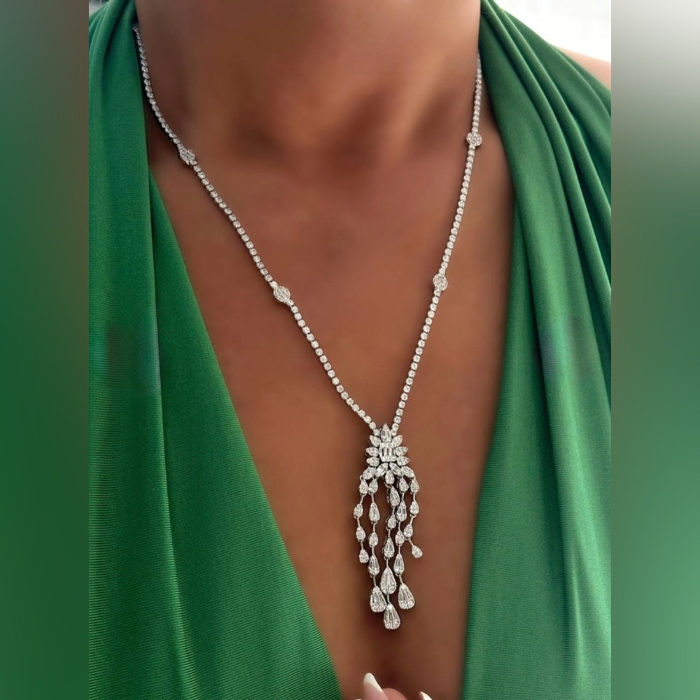White Gold Plated Made W Swarovski Crystal Women's Long Necklace Bridal Jewelry - Picture 3 of 8